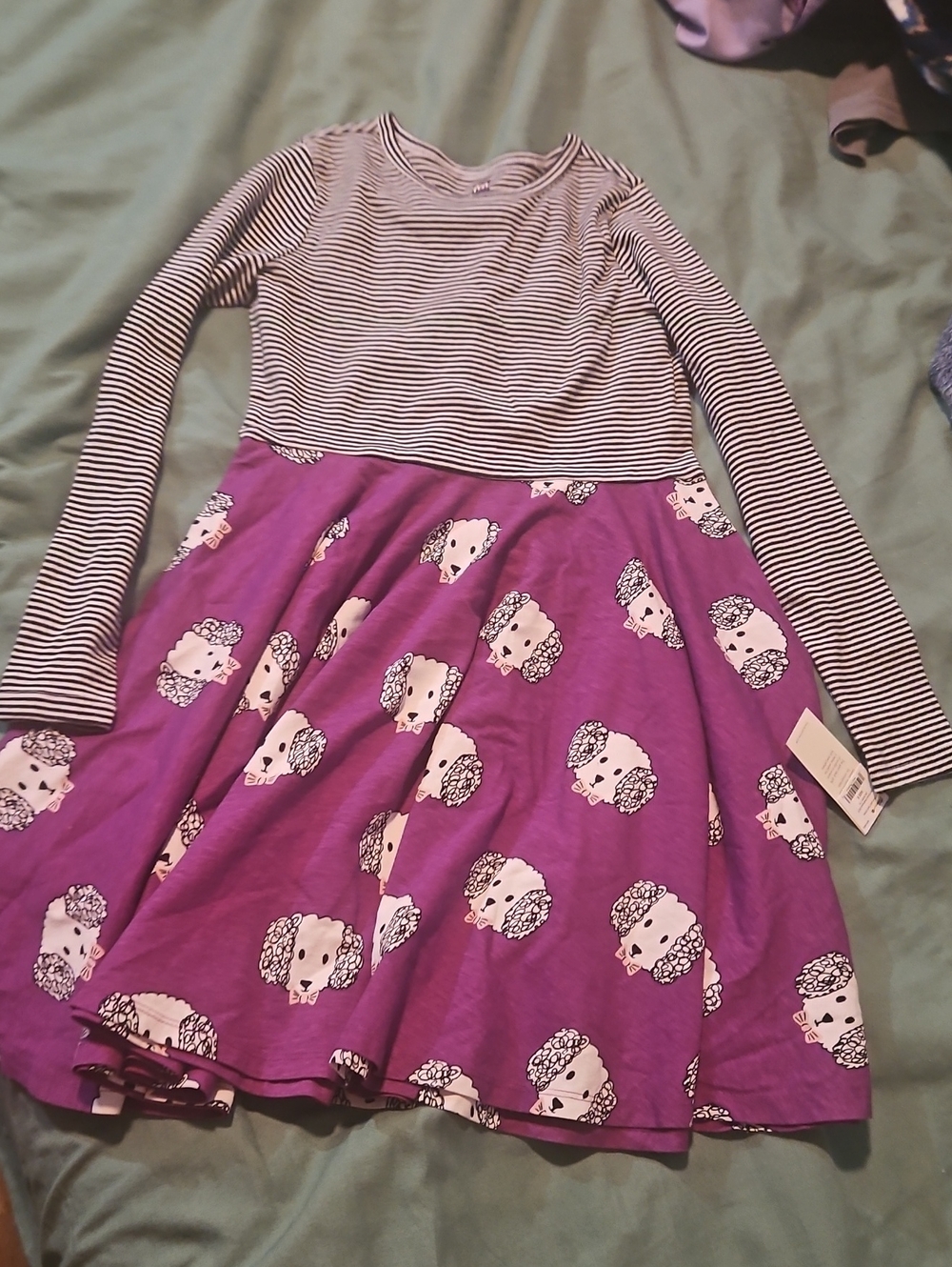 Girls' Purple Sheep Print Skater Skirt Dress with Black & White Stripes